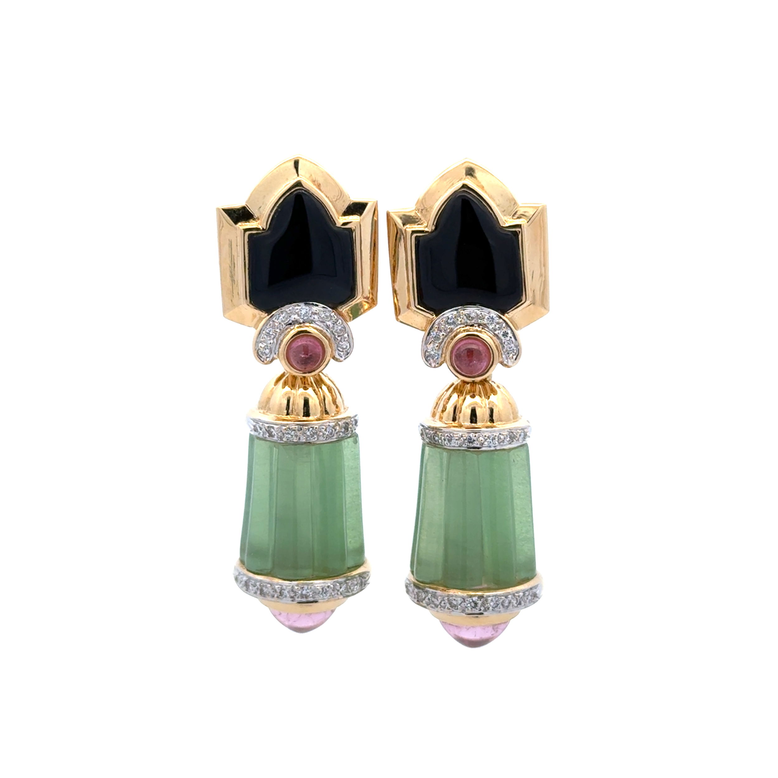 18K YG Onyx, .44tcw Diamond, 25tcw Green & Pink Tourmaline Drop Earrings 36.0g, 2.05"