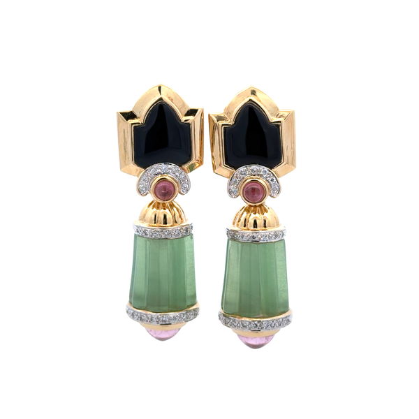 Closeup photo of 18K YG Onyx, .44tcw Diamond, 25tcw Green & Pink Tourmaline Drop Earrings 36.0g, 2.05"