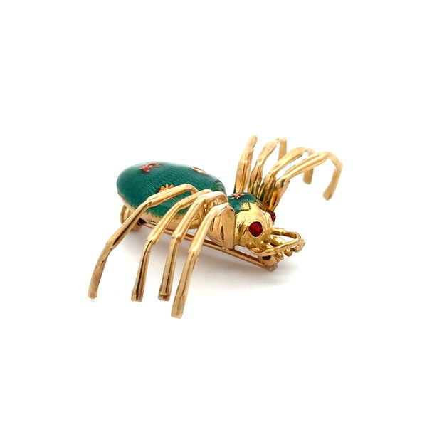 Closeup photo of 14K YG Green Enamel Spider Brooch Red Stone Eyes 9.6g, 1.8"