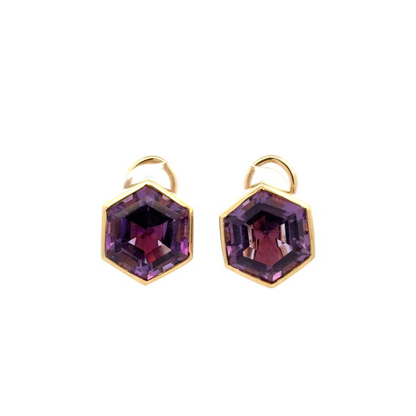 Closeup photo of 14K YG 15tcw Hexagon Amethyst French Clip Earrings 10.4g