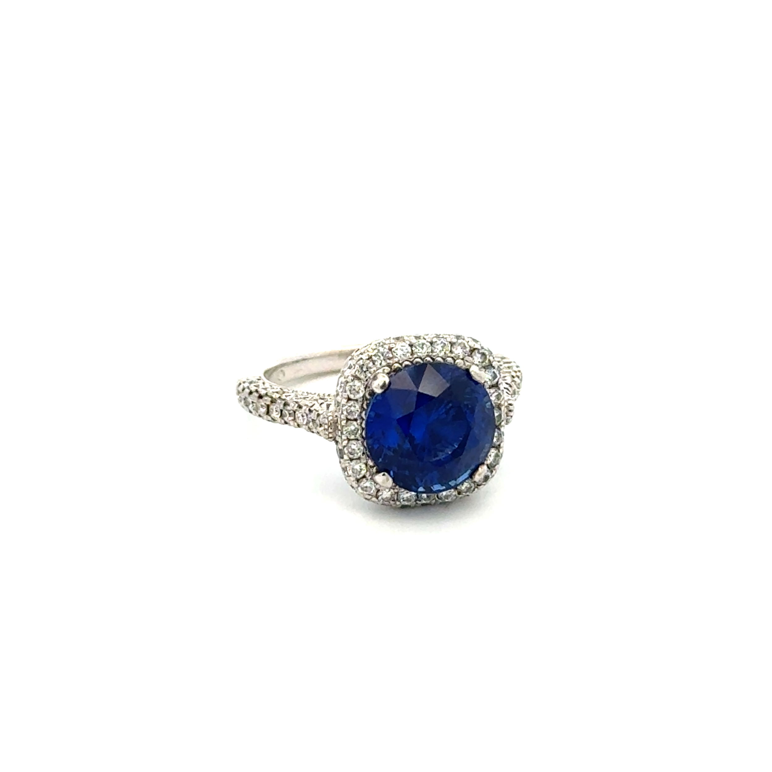 14K WG 3.40ct Round Royal Blue Sapphire & .36tcw RBC Diamond Ring 4.3g, s4.25