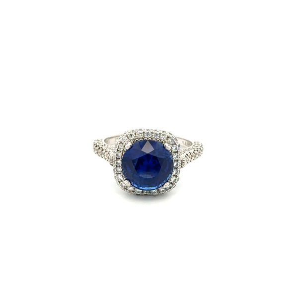 Closeup photo of 14K WG 3.40ct Round Royal Blue Sapphire & .36tcw RBC Diamond Ring 4.3g, s4.25