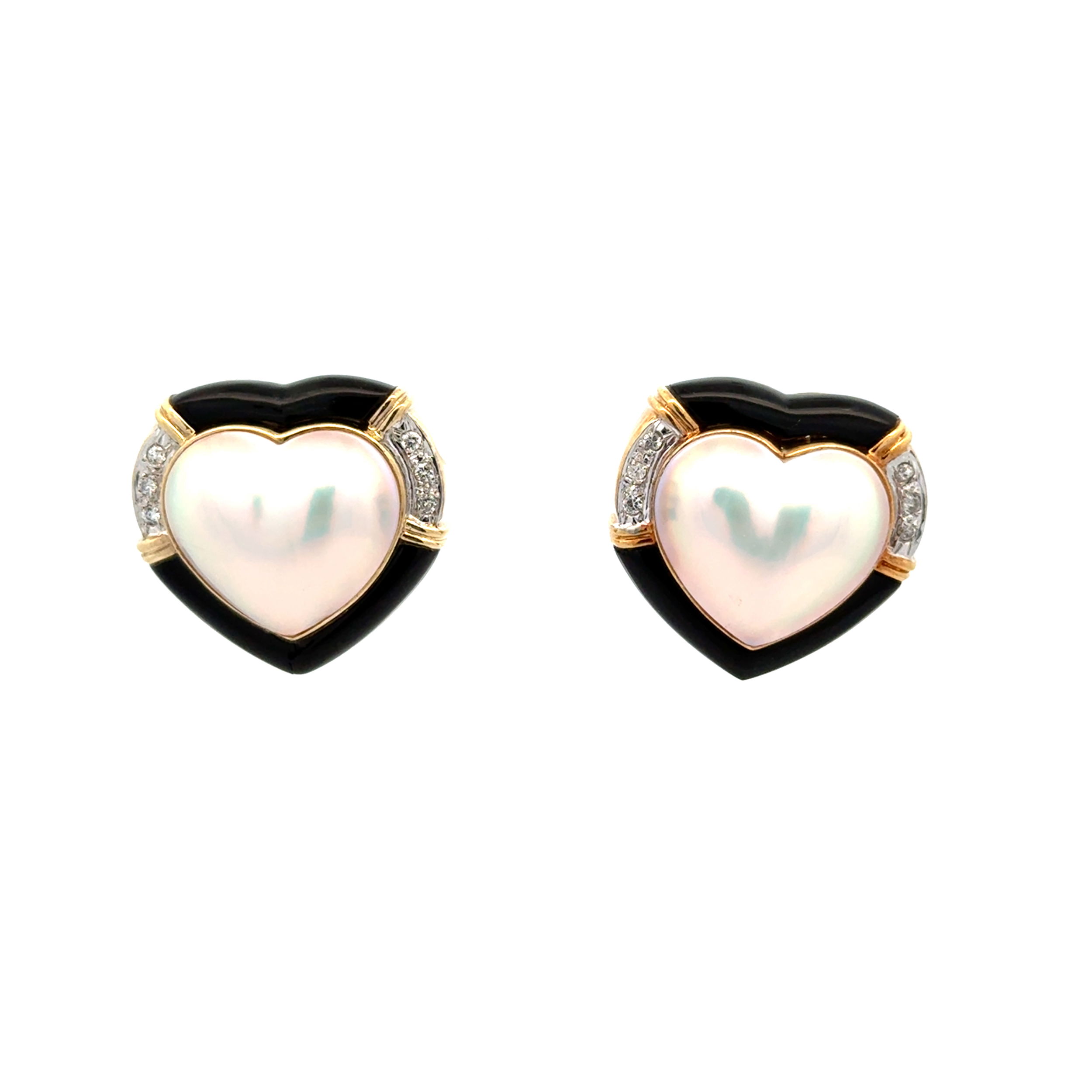 14K YG Mabe Pearl Heart, Onyx and .24tcw Diamond French Clip Earrings 16.7g