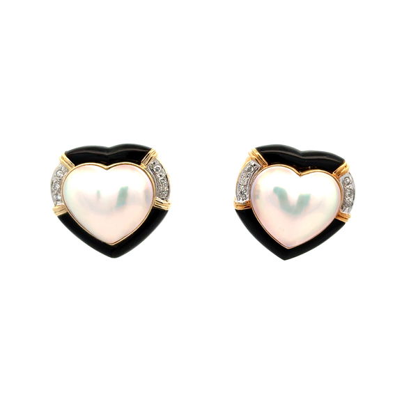 Closeup photo of 14K YG Mabe Pearl Heart, Onyx and .24tcw Diamond French Clip Earrings 16.7g