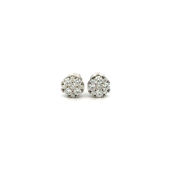 Closeup photo of 14K WG Round Cluster 1.05tcw RBC Diamond Stud Earrings 2.1g, 8.35mm