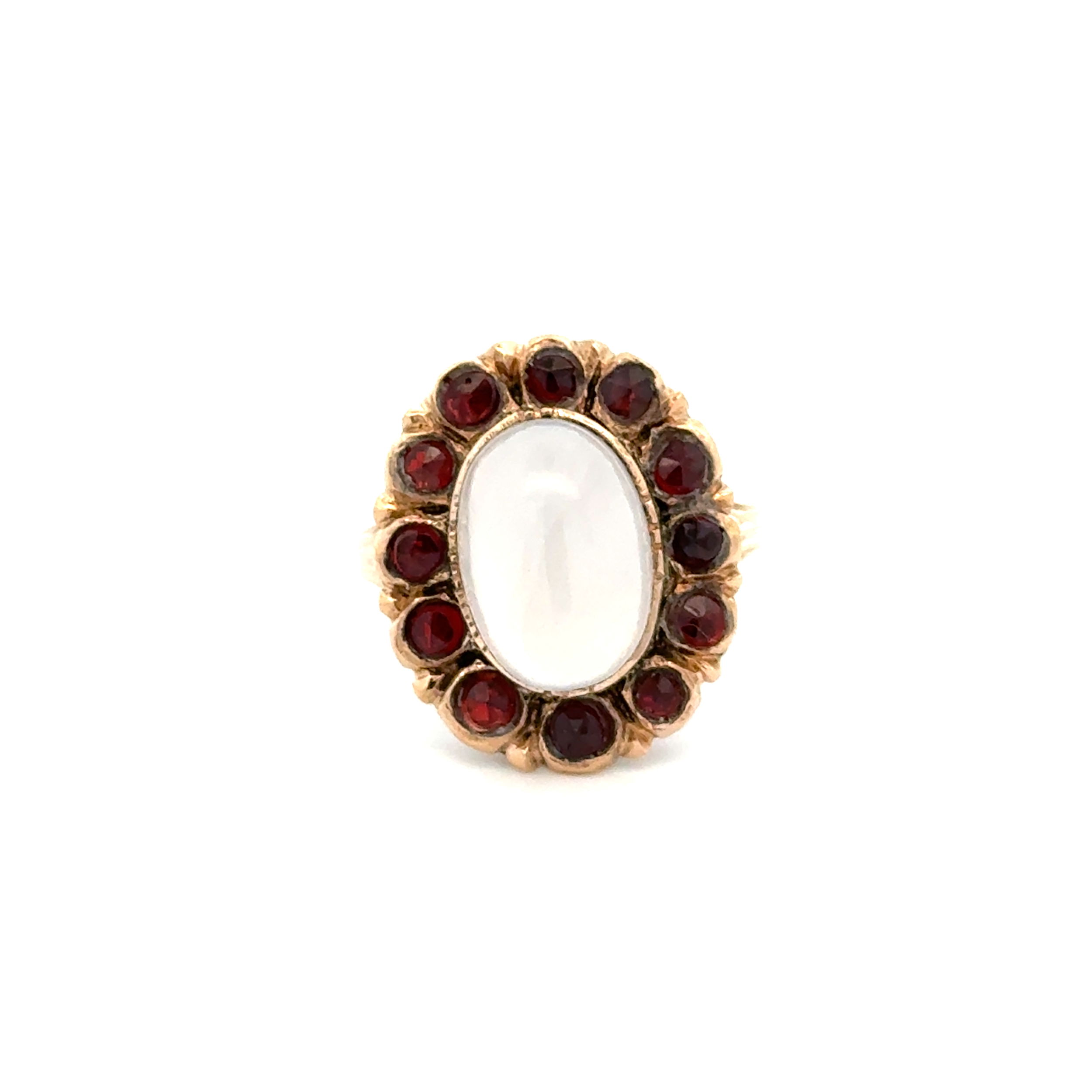 14K YG Early Victorian 5ct White Moonstone & .75tcw Garnet Glued Ring 5.0g, s8