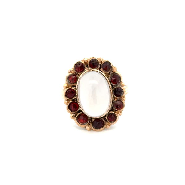 Closeup photo of 14K YG Early Victorian 5ct White Moonstone & .75tcw Garnet Glued Ring 5.0g, s8