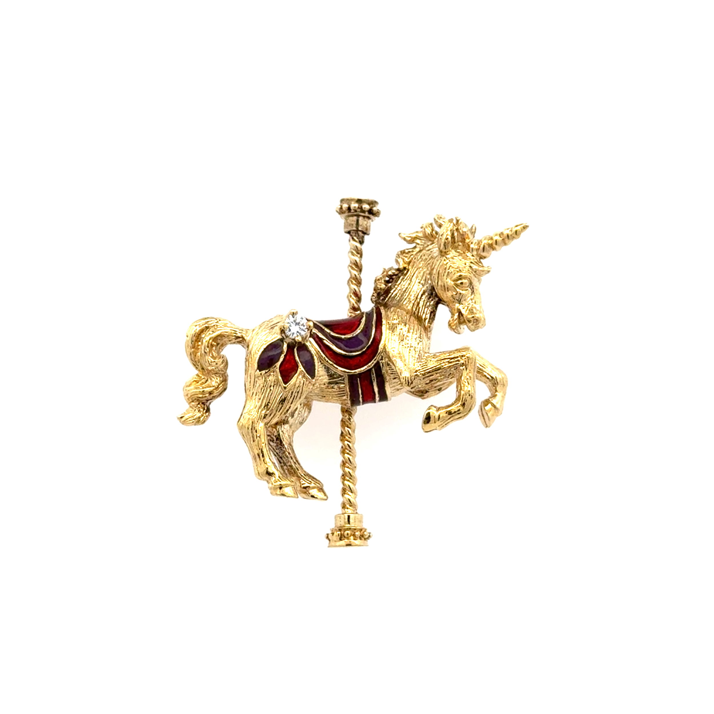 14K YG Enamel & .04tcw Diamond UNICORN Carousel Brooch 10.6g