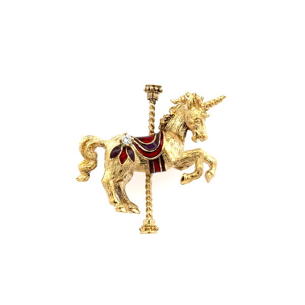 Closeup photo of 14K YG Enamel & .04tcw Diamond UNICORN Carousel Brooch 10.6g