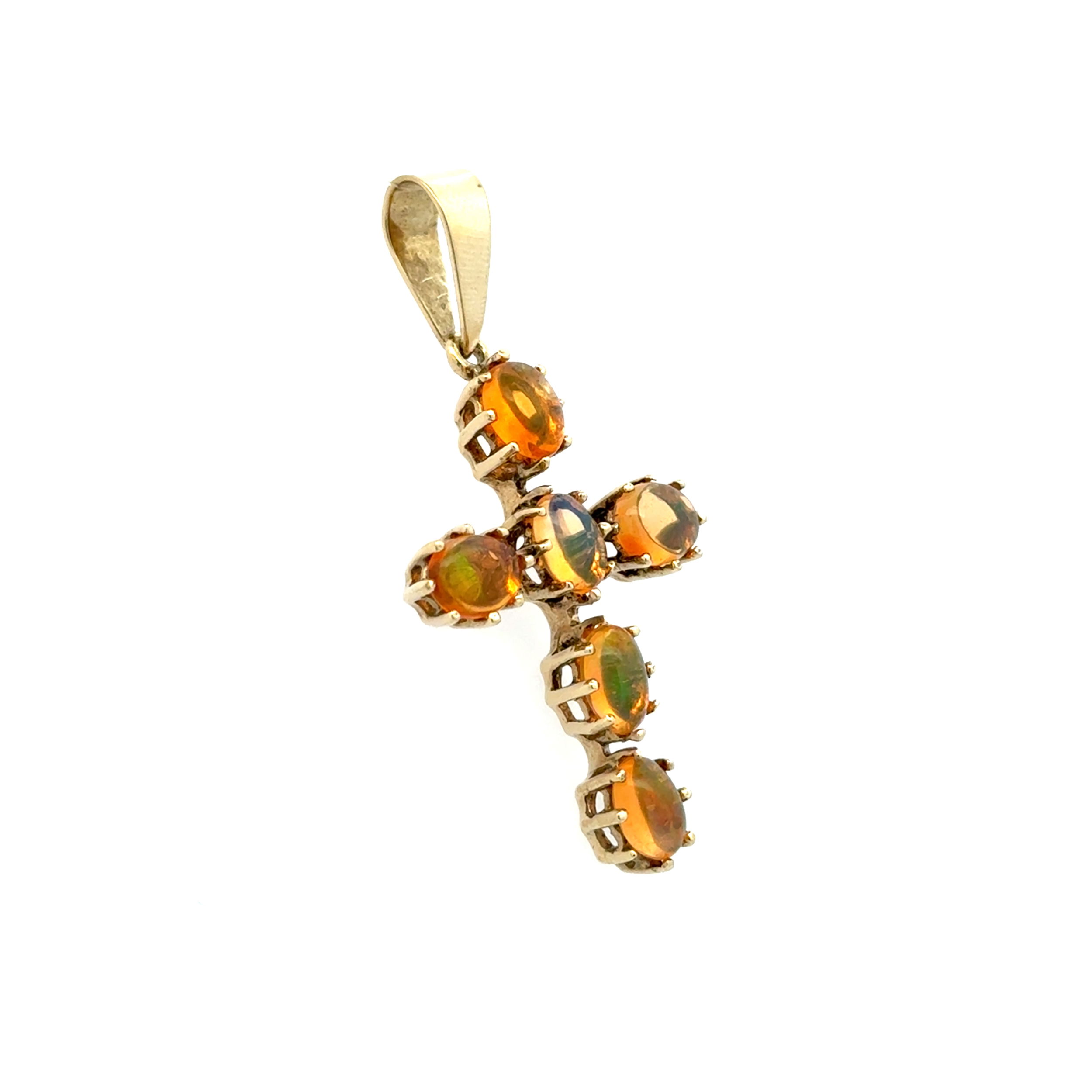 14K YG 2.50tcw Crystal Orange Opal Cross Pendant 6.1g, 1.85"