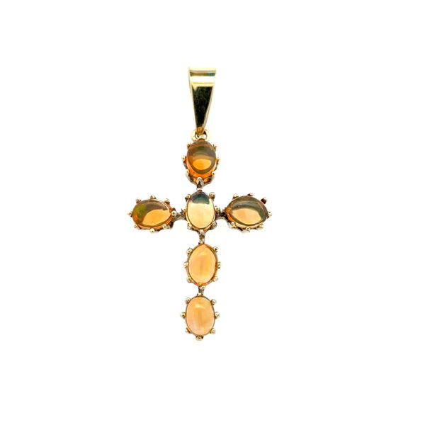 Closeup photo of 14K YG 2.50tcw Crystal Orange Opal Cross Pendant 6.1g, 1.85"