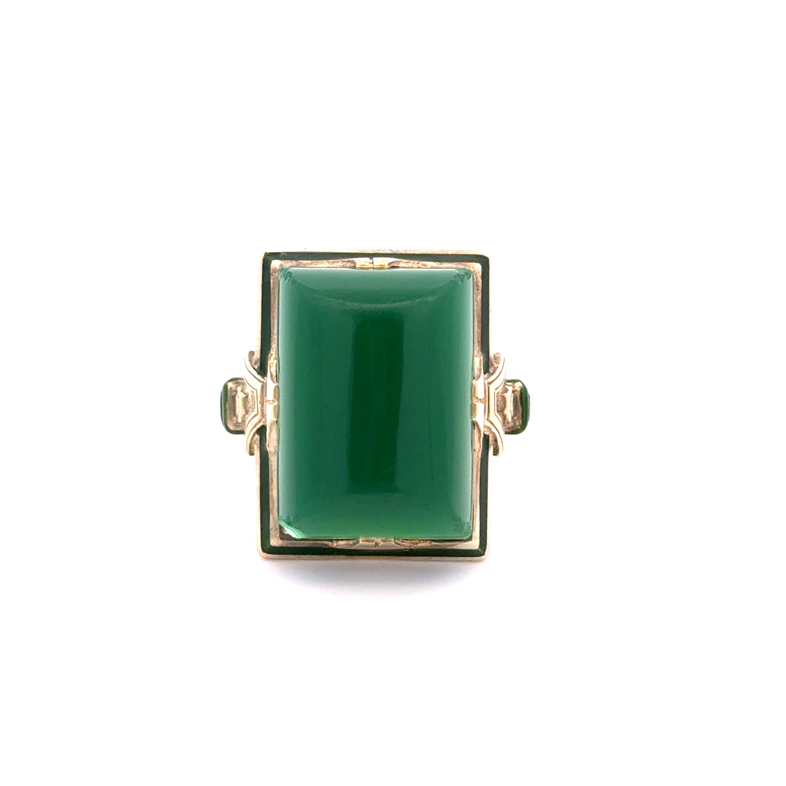 14K YG Arts & Crafts Chrysoprase & Enamel Ring 9.8g, s7