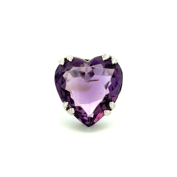 Closeup photo of 14K WG Art Deco 20ct Heart Amethyst Filigree Ring 10.4g, s6.75