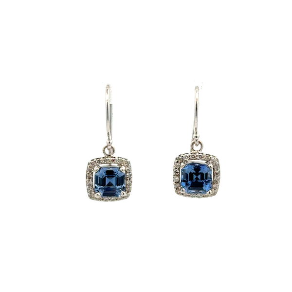 Closeup photo of 14K WG 2.80tcw Asscher Ceylon Sapphire & .50tcw RBC Diamond Drop Earrings 2.9g