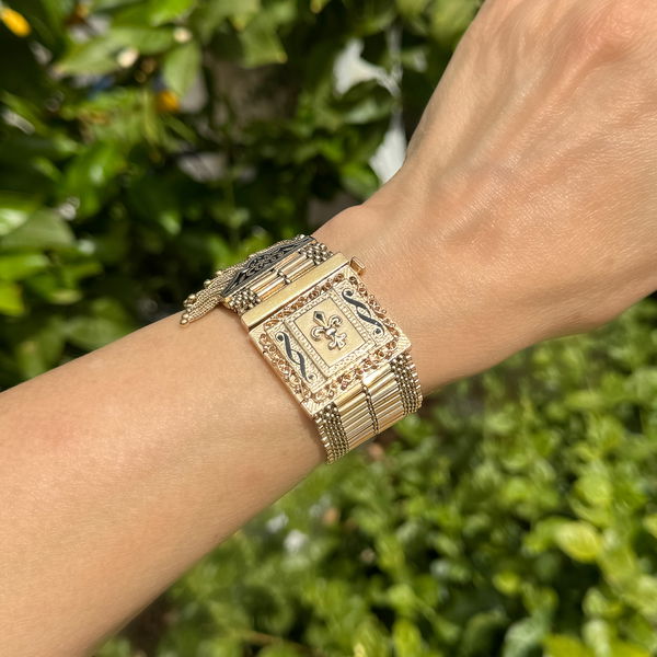 Closeup photo of 14K YG Victorian Revival Fleur De Lis Enamel Watch Bracelet 76.9g, 6.5' x 28.5mm
