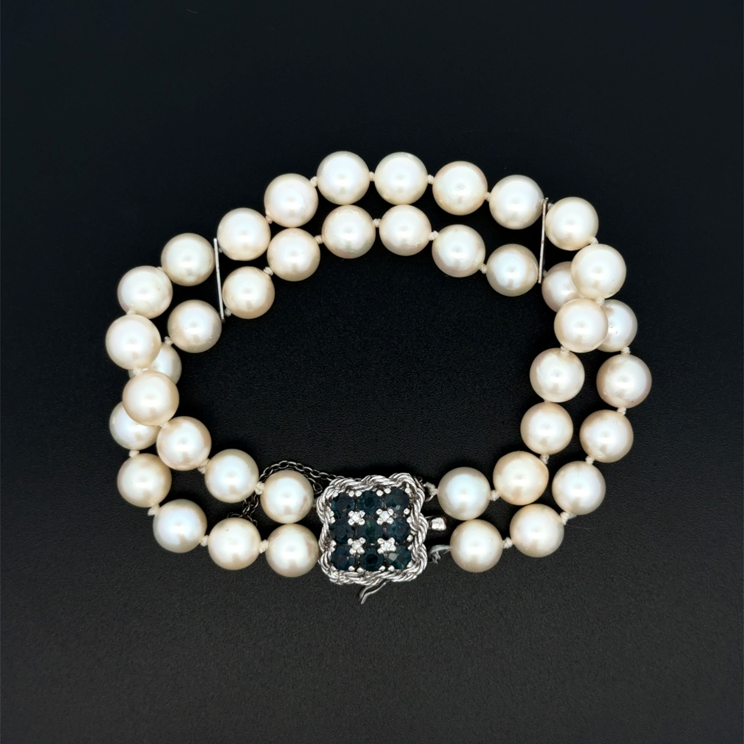 14K WG 1960's 7.2mm Double Pearl Strand Rope & Sapphire Cluster Clasp Bracelet 28.5g, 6.75" 14K WG 1960's 7.2mm Double Pearl Strand Rope & Sapphire Cluster Clasp Bracelet 28.5g, 6.75"