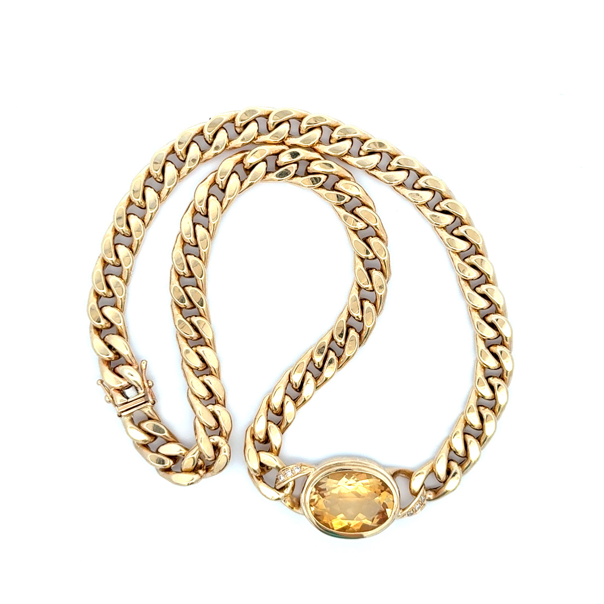 14K YG 15ct Oval Citrine & .08tcw RBC Diamond Pendant Cuban Link Necklace 35.0g, 16" 14K YG 15ct Oval Citrine & .08tcw RBC Diamond Pendant Cuban Link Necklace 35.0g, 16"