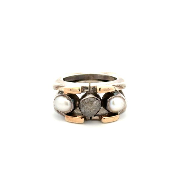 Closeup photo of Silver & 14K LILLY BARRACK .70ct Rough Diamond & Pearl Ring 12.2g, s5