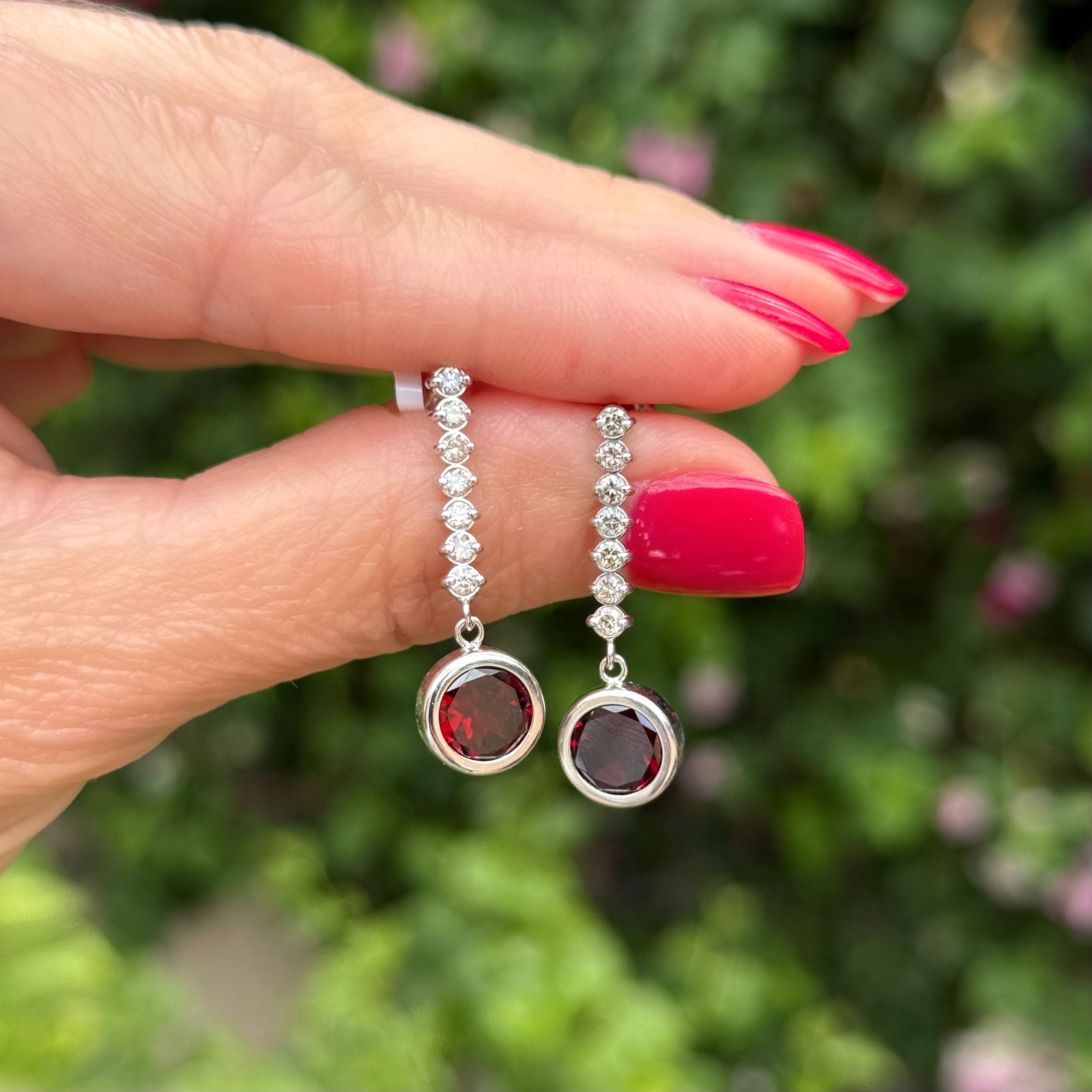 14K WG 3tcw Round Garnet & .35tcw RBC Diamond Drop Earrings 3.6g, 1.2" 14K WG 3tcw Round Garnet & .35tcw RBC Diamond Drop Earrings 3.6g, 1.2"