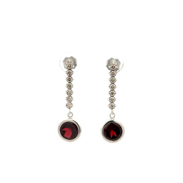 Closeup photo of 14K WG 3tcw Round Garnet & .35tcw RBC Diamond Drop Earrings 3.6g, 1.2"