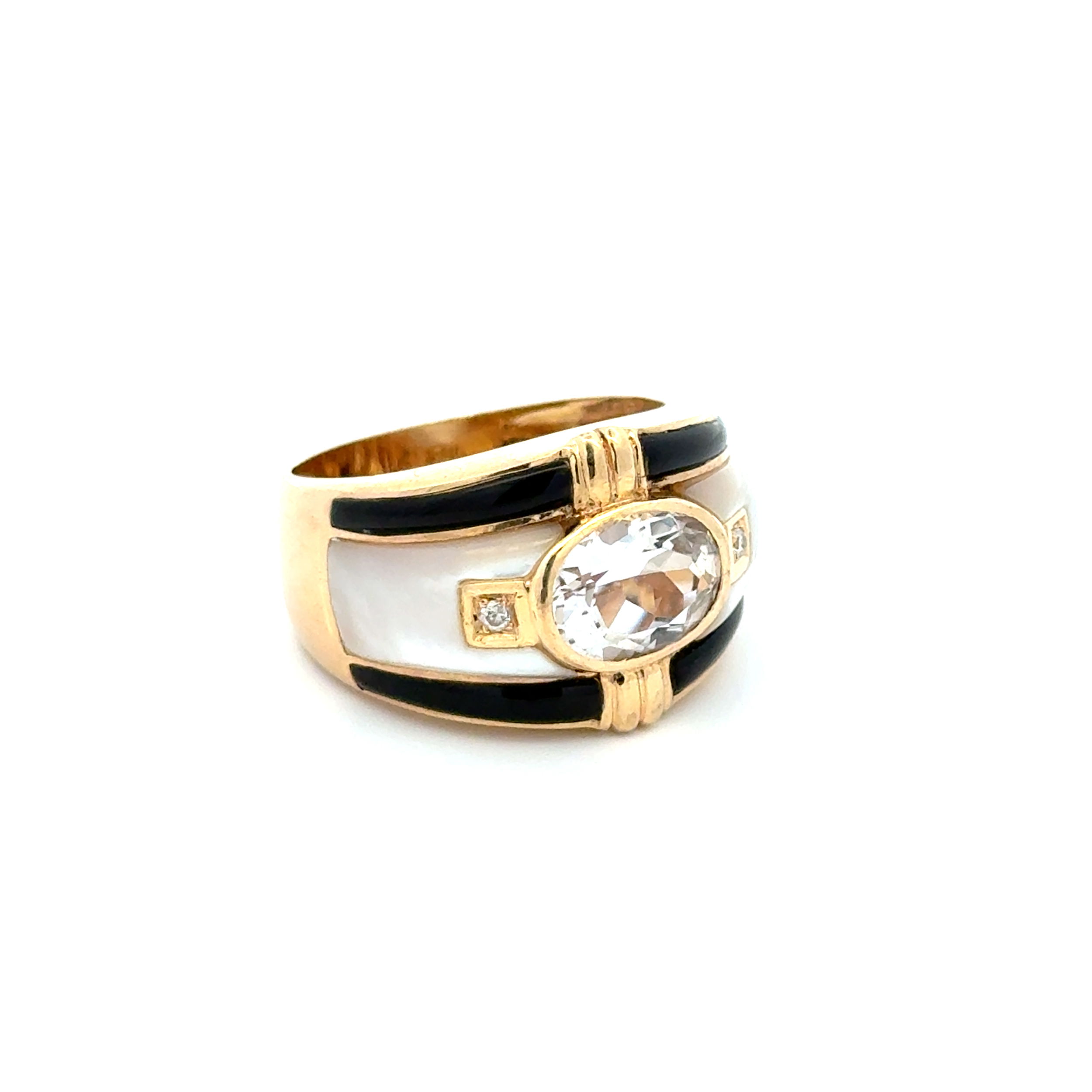 14K YG 2ct White Topaz, MOP, Onyx & .05tcw RBC Diamond 17mm Band Ring 14.2g, s11 14K YG 2ct White Topaz, MOP, Onyx & .05tcw RBC Diamond 17mm Band Ring 14.2g, s11