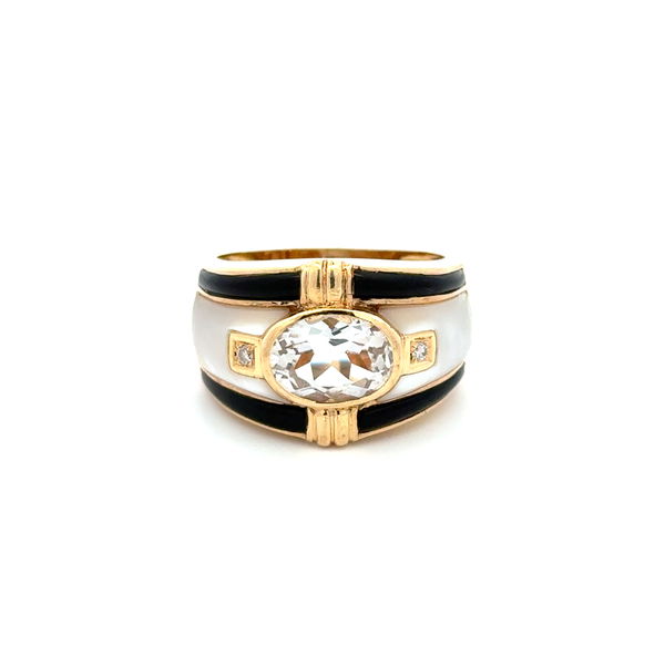 Closeup photo of 14K YG 2ct White Topaz, MOP, Onyx & .05tcw RBC Diamond 17mm Band Ring 14.2g, s11