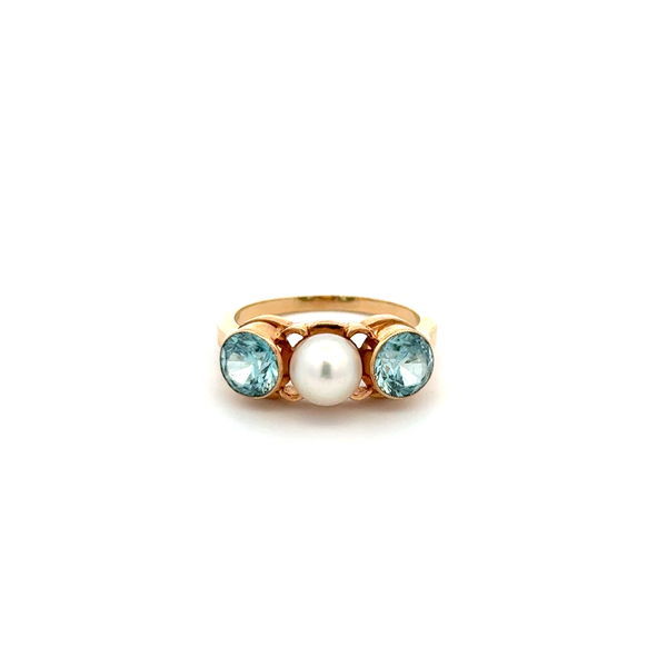 Closeup photo of 14K YG Vintage 5.5mm Pearl & 1.20tcw Blue Zircon 3 Stone Ring 2.4g, s4