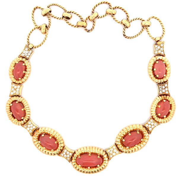 Closeup photo of 18K YG Spanish Fine Quality Translucent 45tcw Rhodochrosite & 2.55tcw RBC Diamond Necklace 82.8g, 16"