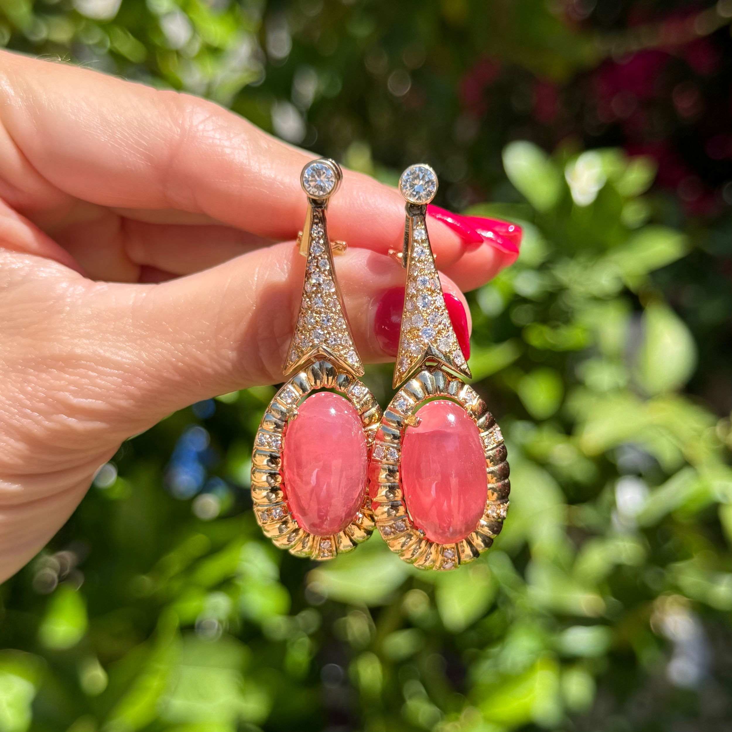 18K YG Spanish Fine Quality Translucent 38tcw Rhodochrosite & 2.25tcw Diamond Drop Earrings 23.6g, 2.25" 18K YG Spanish Fine Quality Translucent 38tcw Rhodochrosite & 2.25tcw Diamond Drop Earrings 23.6g, 2.25"