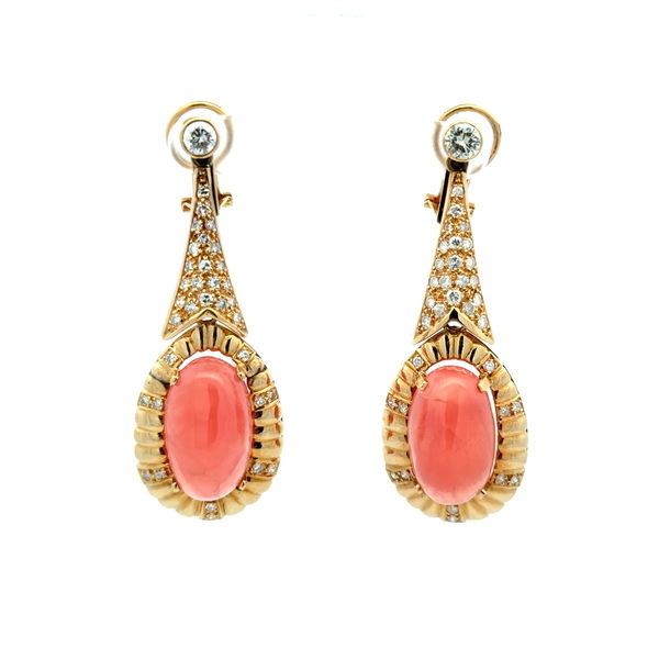 Closeup photo of 18K YG Spanish Fine Quality Translucent 38tcw Rhodochrosite & 2.25tcw Diamond Drop Earrings 23.6g, 2.25"