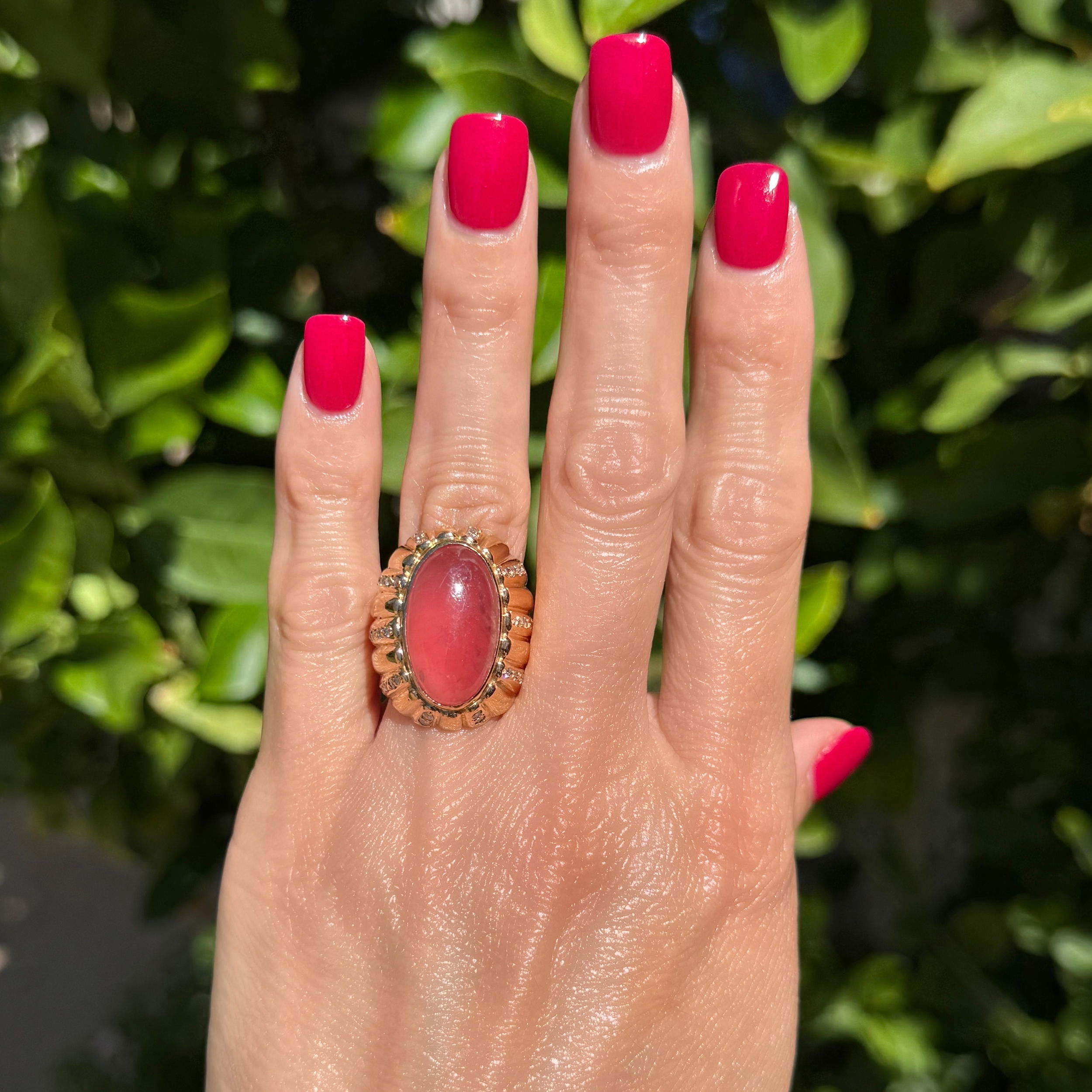 18K YG Spanish Fine Quality Translucent 12.50ct Rhodochrosite & .70tcw Diamond Bombay Ring 21.0g, s6.75 18K YG Spanish Fine Quality Translucent 12.50ct Rhodochrosite & .70tcw Diamond Bombay Ring 21.0g, s6.75