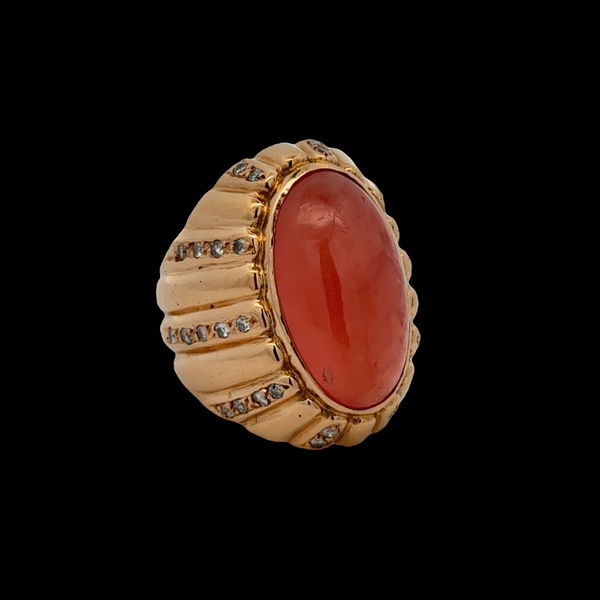 Closeup photo of 18K YG Spanish Fine Quality Translucent 12.50ct Rhodochrosite & .70tcw Diamond Bombay Ring 21.0g, s6.75