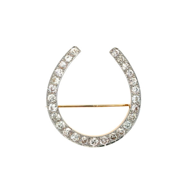 Closeup photo of Platinum on 14K Edwardian Large Horseshoe 5.50tcw OEC Diamond 14.3g, 1.85"