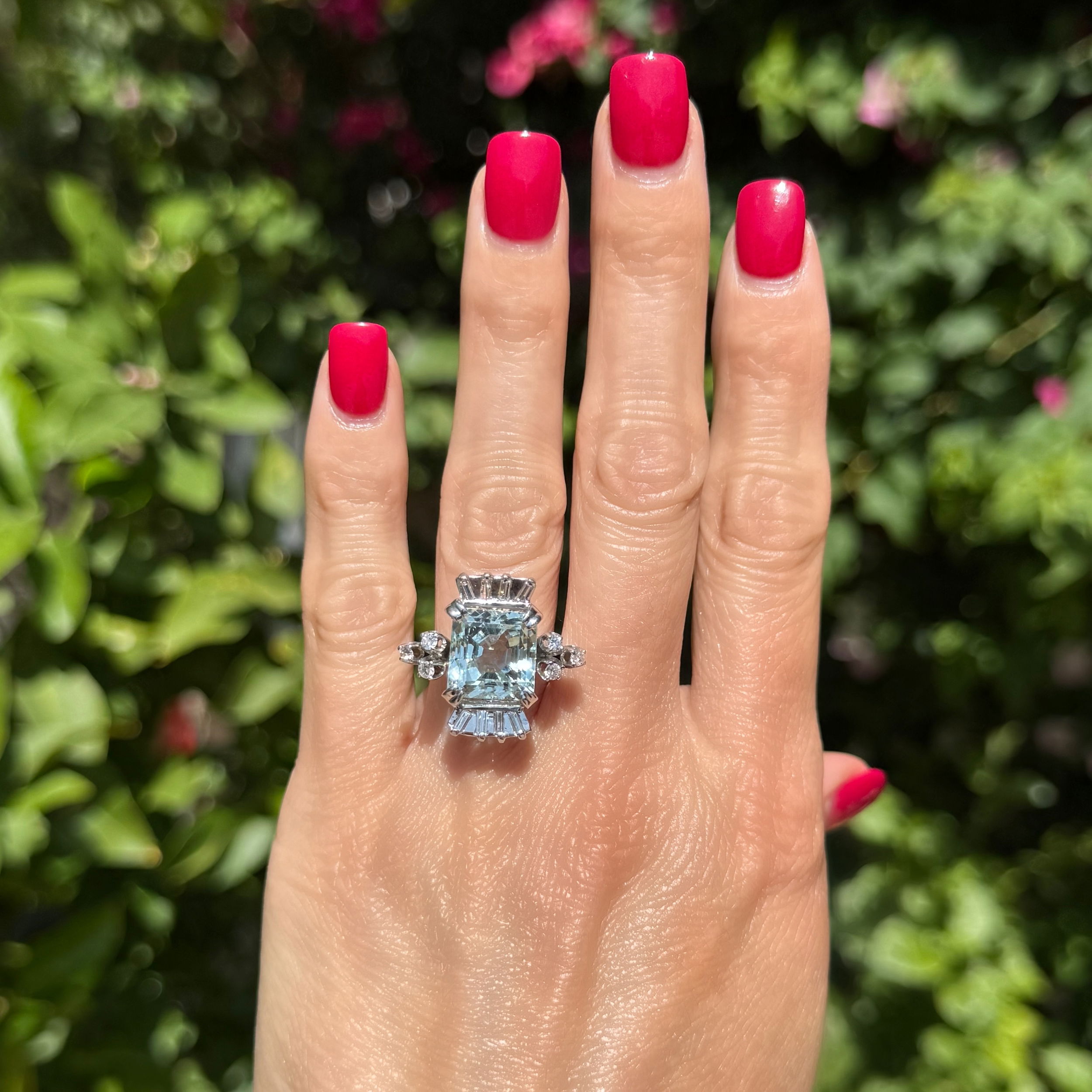 14K WG Mid Century 12ct Aquamarine & .55tcw Baguette & Round Diamond Ring 10.2g, s6 14K WG Mid Century 12ct Aquamarine & .55tcw Baguette & Round Diamond Ring 10.2g, s6