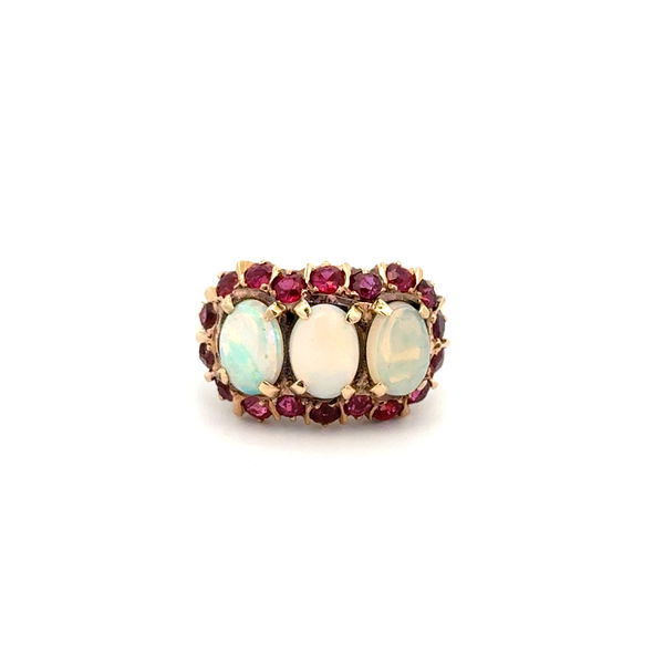 Closeup photo of 14K YG Victorian 1.00tcw Opal & 1.00tcw Ruby Cluster 3 Stone Ring 4.3g, s6.25