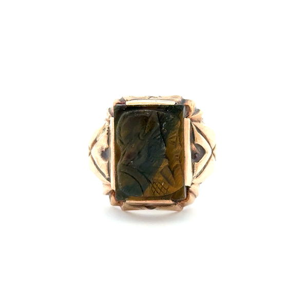 Closeup photo of 10K YG Carved Tigers Eye Cameo Ring 8.7g, s9