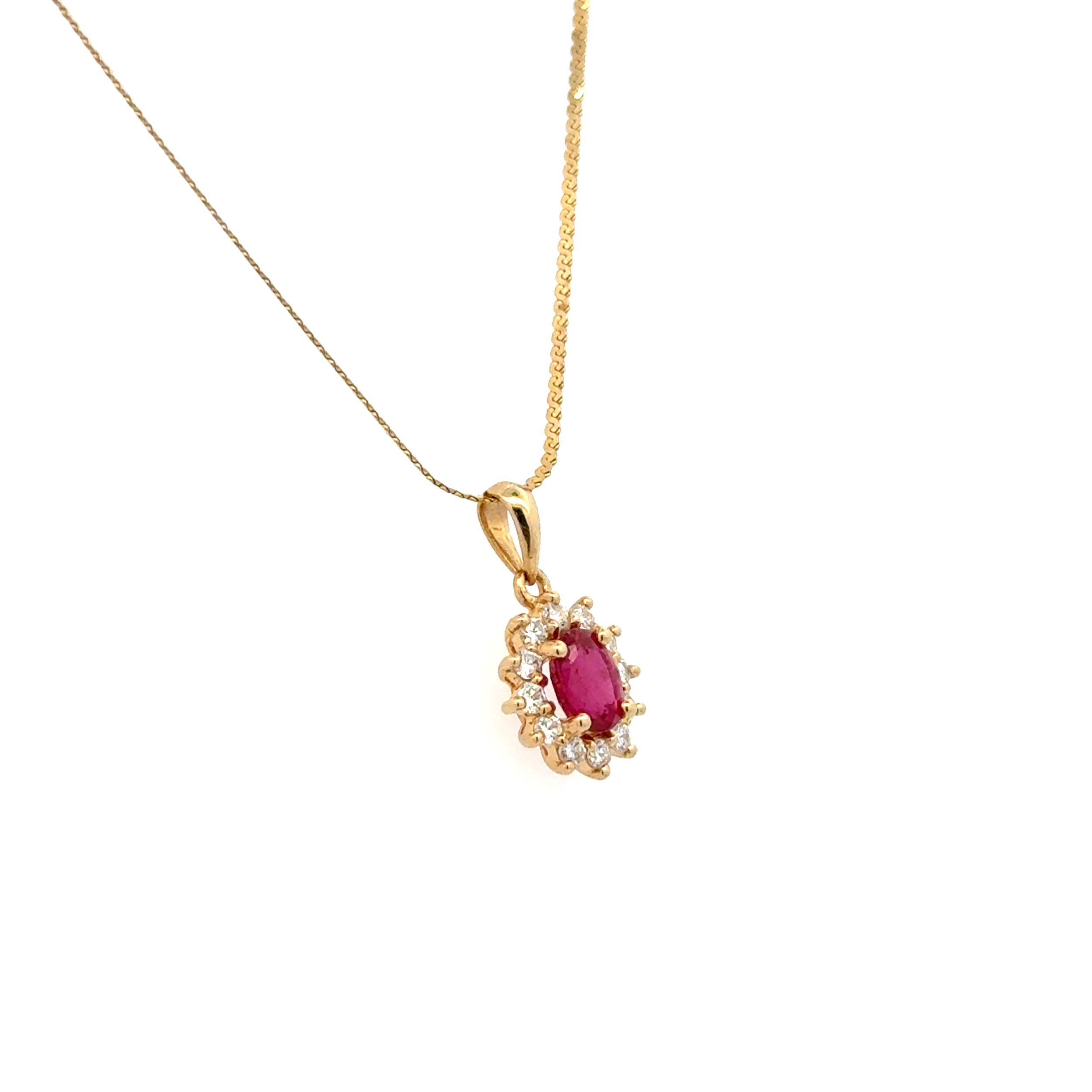 14K YG .60ct Oval Ruby & .18tcw RBC Diamond Halo Pendant Necklace 2.6g, 16" 14K YG .60ct Oval Ruby & .18tcw RBC Diamond Halo Pendant Necklace 2.6g, 16"