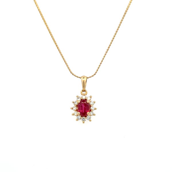 Closeup photo of 14K YG .60ct Oval Ruby & .18tcw RBC Diamond Halo Pendant Necklace 2.6g, 16"