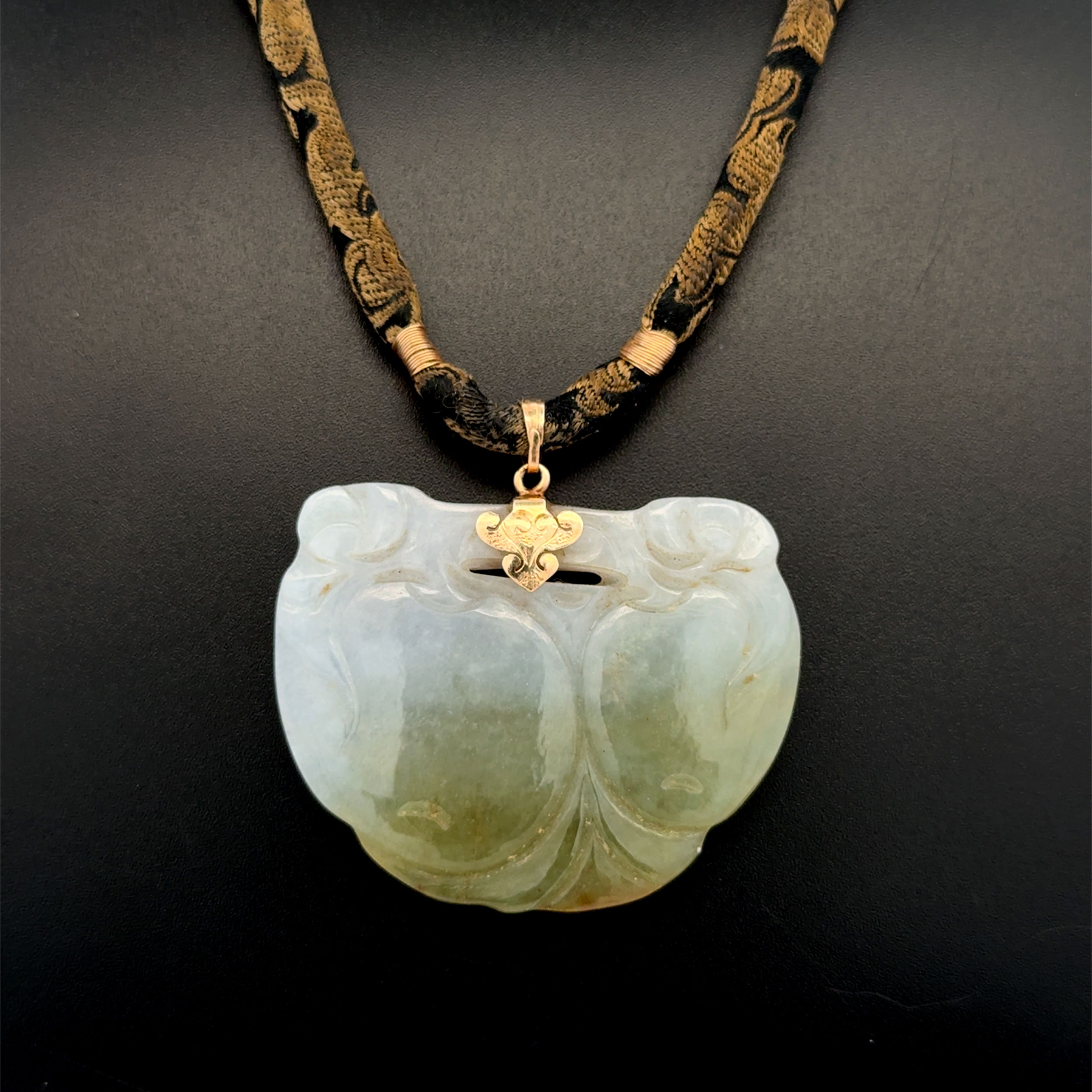 14K YG Carved Jade Pendant on Silk Cord 24.1g, 18" 14K YG Carved Jade Pendant on Silk Cord 24.1g, 18"