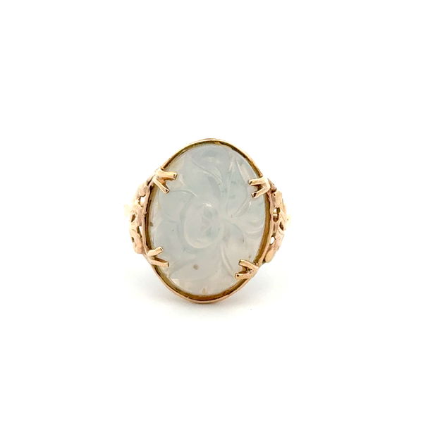 Closeup photo of 14K YG Carved White Jade Ring 4.1g, s6.75