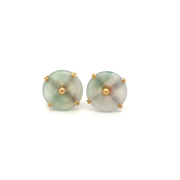 Closeup photo of 14K YG Carved Jade Disc Stud Earrings 2.7g, 11.8mm