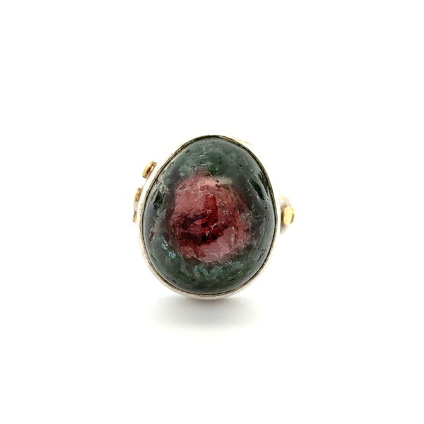 Closeup photo of 18K & Sterling Watermelon Tourmaliine Designer Ring 18.7g, s9.5