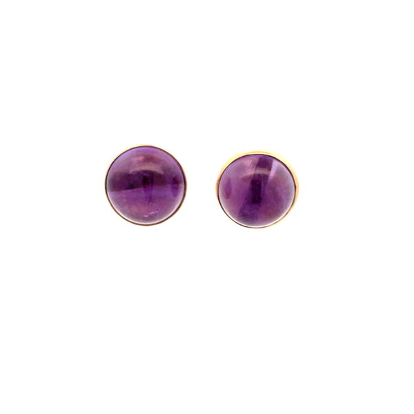 Closeup photo of 14K YG 10tcw Cabochon Amethyst Stud Earrings 4.2g, 12.5mm