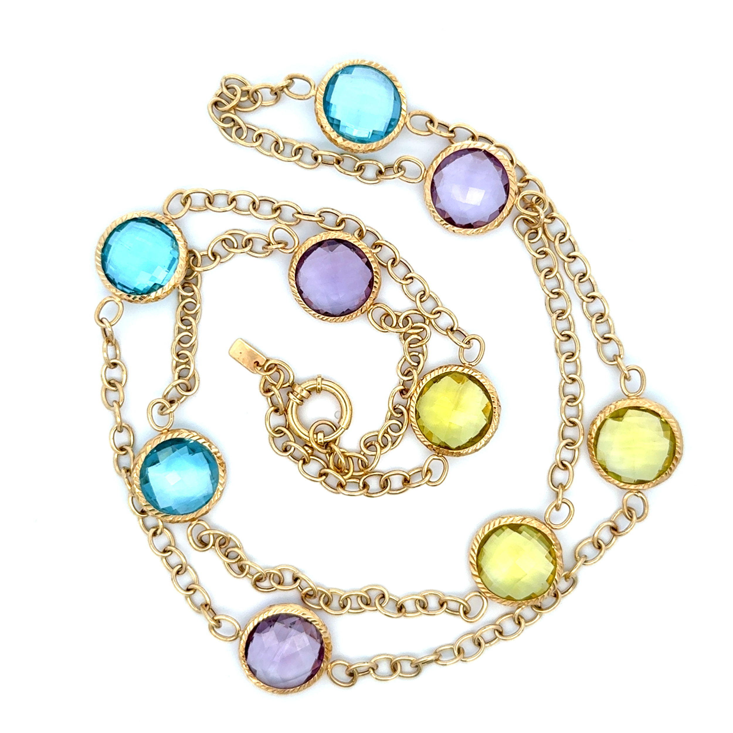 18K YG 67.5tcw Amethyst, Citrine & Blue Topaz Station Chain Necklace 45.8g, 36" 18K YG 67.5tcw Amethyst, Citrine & Blue Topaz Station Chain Necklace 45.8g, 36"