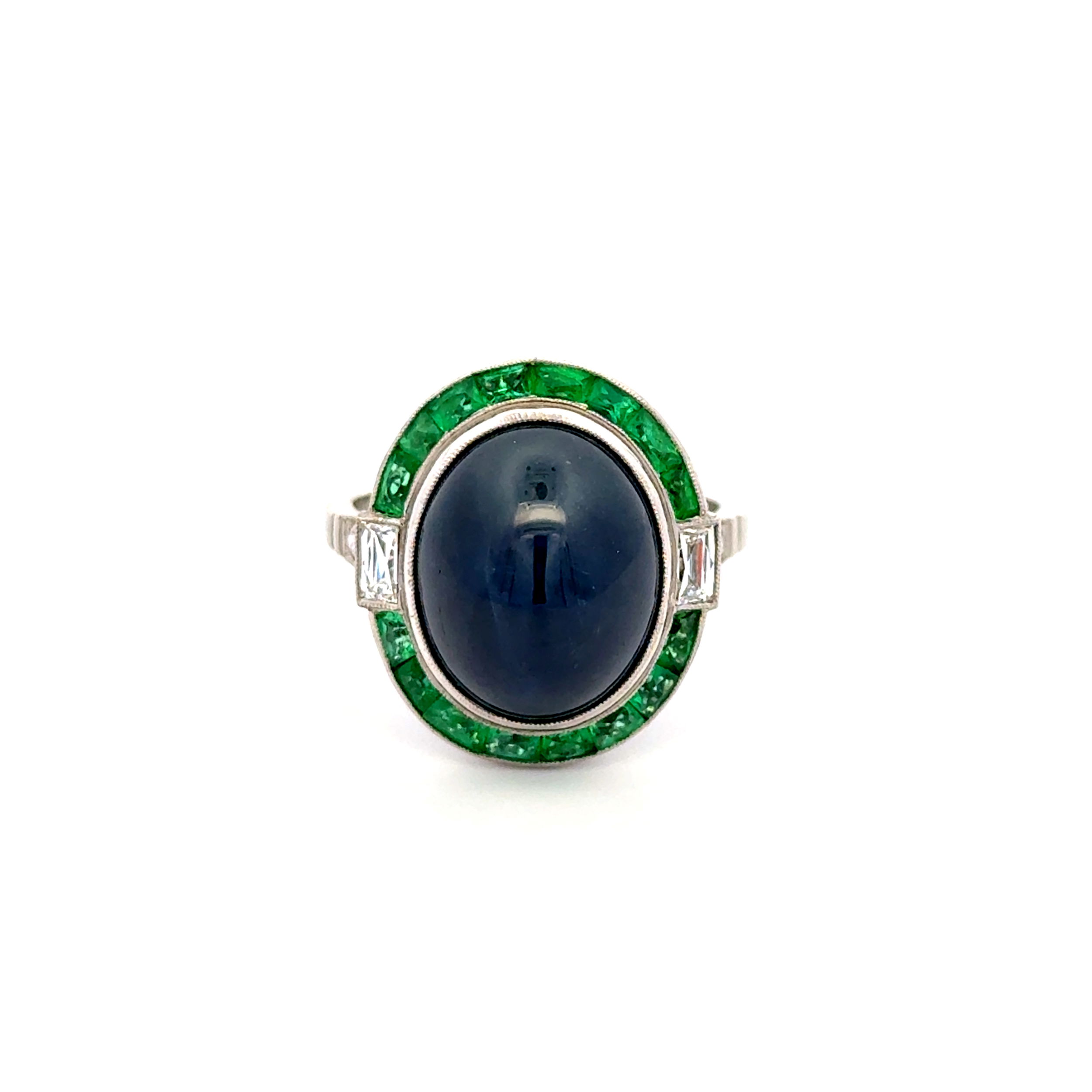 Platinum 12.43ct Sugarloaf Sapphire GIA Basalt, .93ct Emerald & .36tcw Baguette & OEC Diamond Ring 9.0g, s6.75