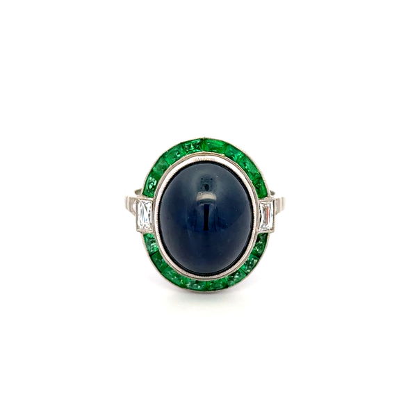 Closeup photo of Platinum 12.43ct Sugarloaf Sapphire GIA Basalt, .93ct Emerald & .36tcw Baguette & OEC Diamond Ring 9.0g, s6.75