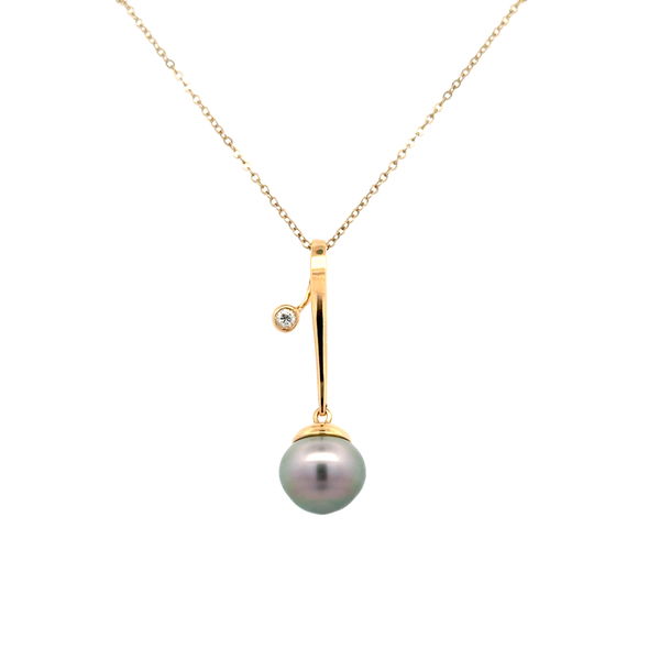 Closeup photo of 14K YG 11mm Tahitian Pearl & .09ct RBC Diamond Drop Pendant Necklace 4.5g, 18"
