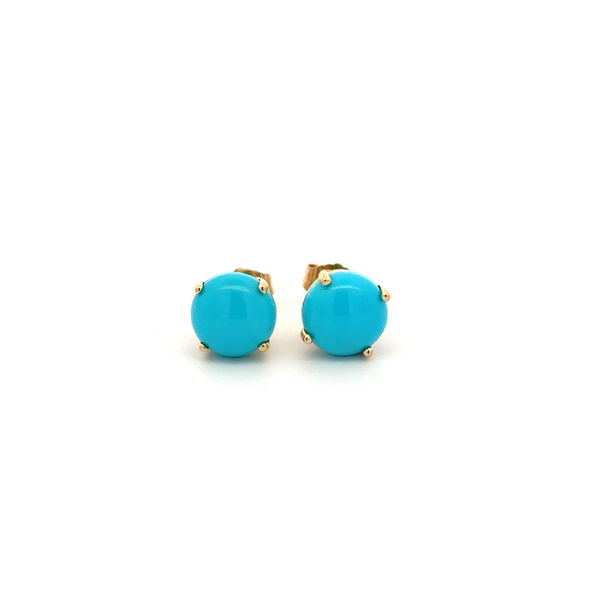 Closeup photo of 14K YG 2tcw 8mm Cabochon Turquoise Stud Earrings 2.1g