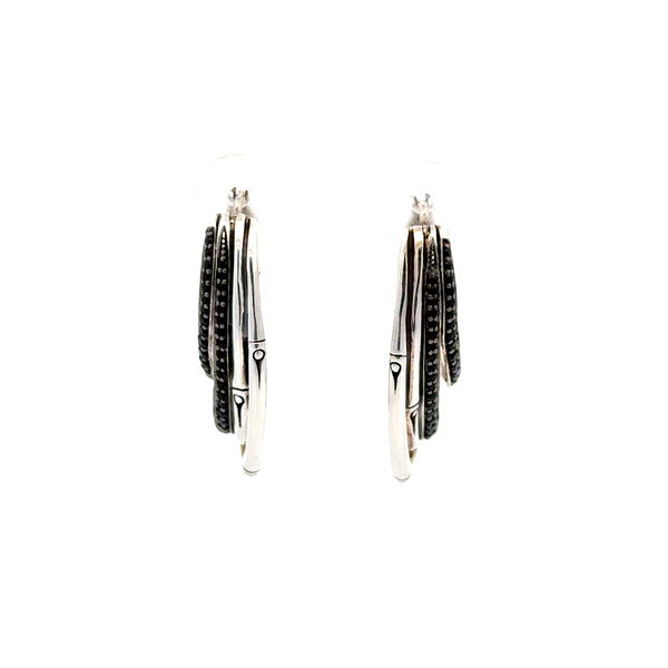 Closeup photo of 925 Sterling JOHN HARDY Black Spinel Bamboo Hoops Earrings 9.1g