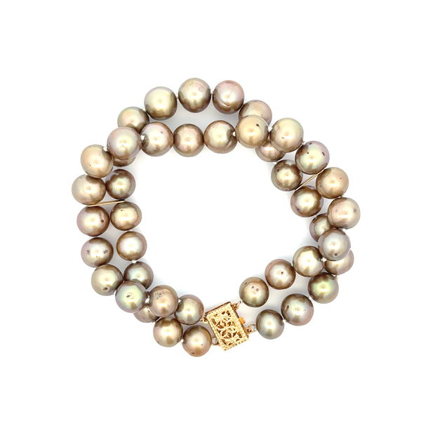 Closeup photo of 14K YG 9.5mm Brownish Gray Pearl Strand Bracelet 46.6g, 8"
